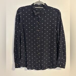 Ann Taylor Silk Navy Blue Button-Up Shirt